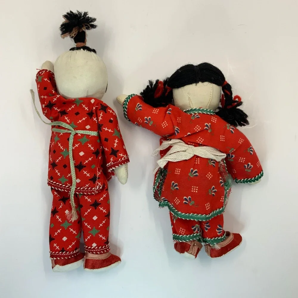 Vintage Chinese Folk Art Cloth Dolls Pair Handmade Red Traditional Dress 7 inch